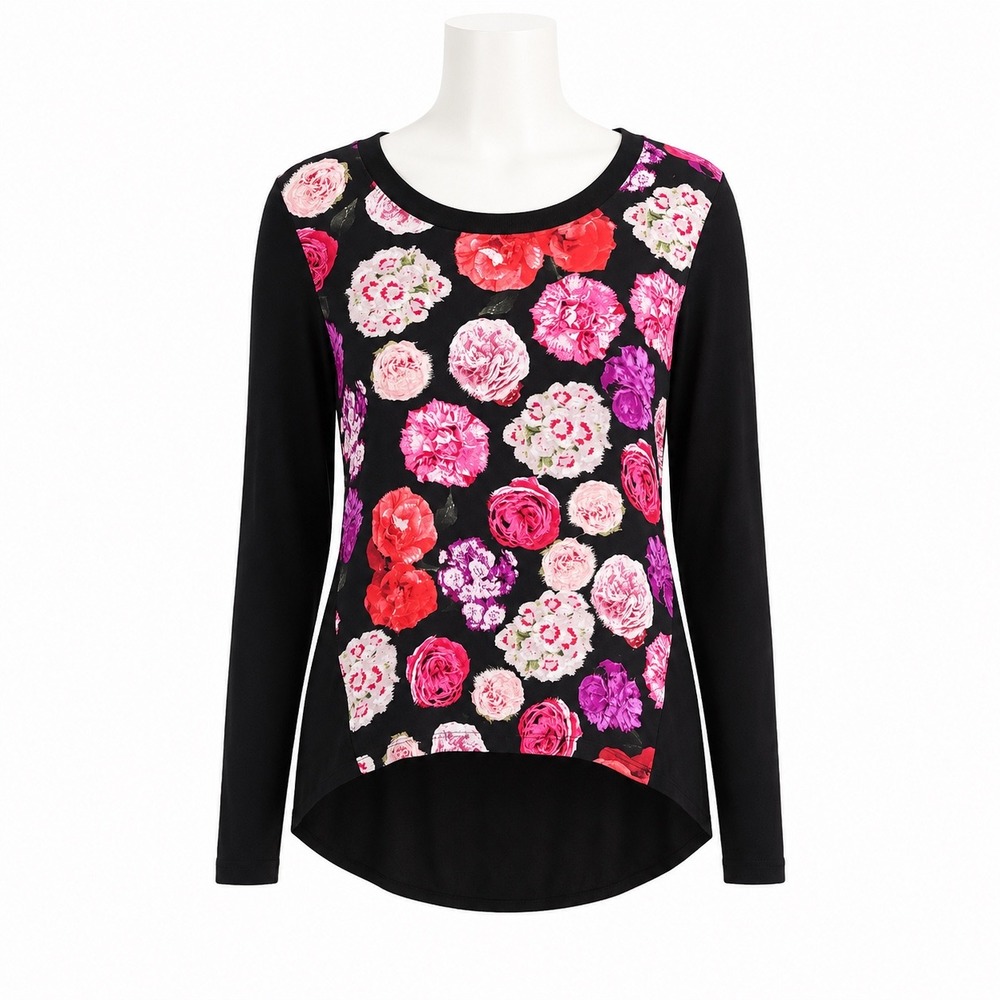 Moth Anthropologie Sweater Womens Medium Black Silk Floral High Low Long Sleeve